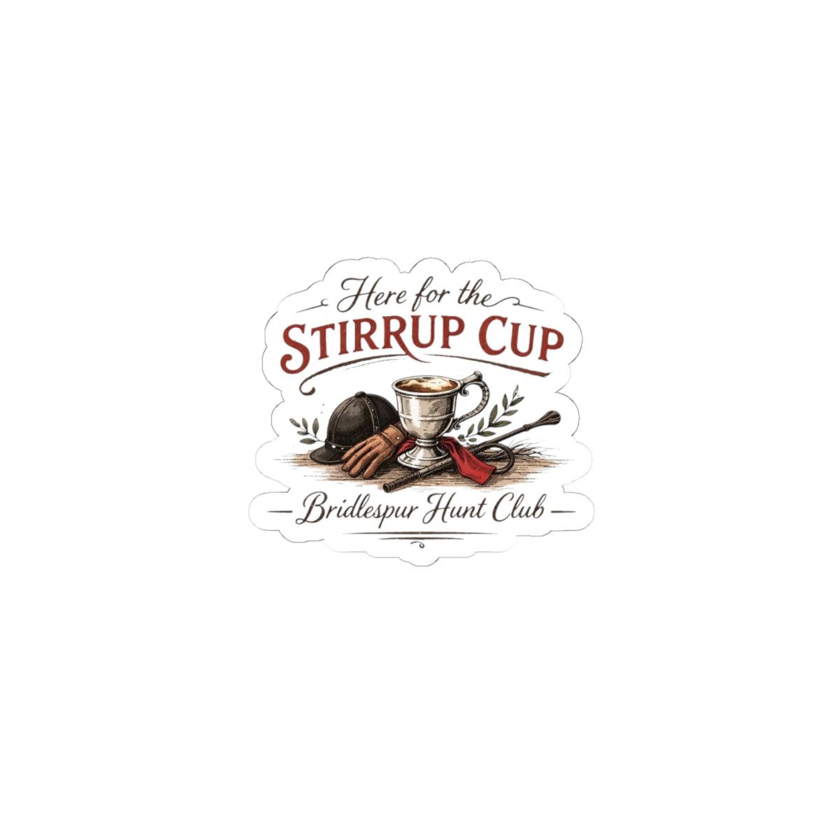 Sticker — "Here for the Stirrup Cup" Equestrian Kiss-Cut Sticker (Bridlespur Hunt Club)
