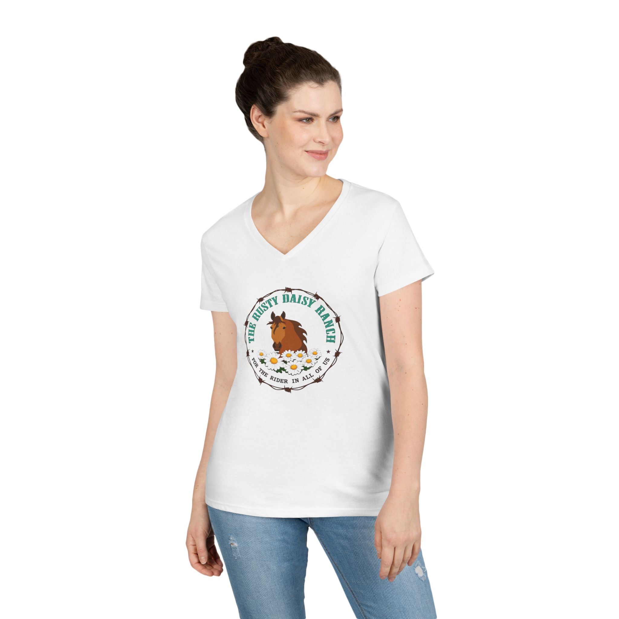 Ladies' V-Neck T-Shirt -Rusty Daisy Ranch