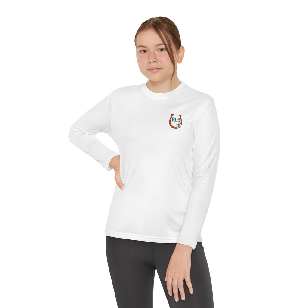 Youth Long Sleeve Tee — RDR logo in front & Follow me down the trail to & logo in back