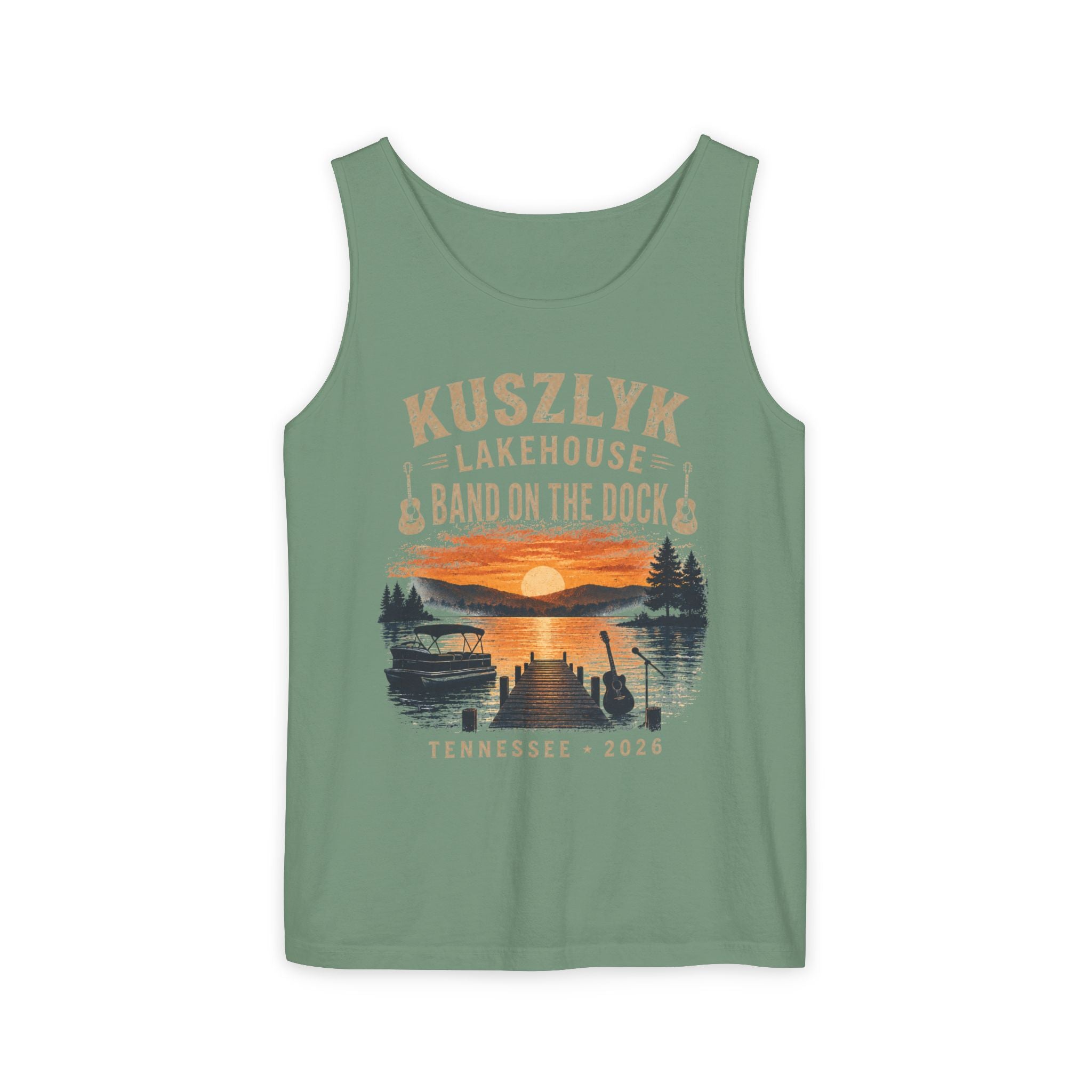 Lakehouse Tank Top — "Band on the Dock" Personalized Sunset Dock Tee