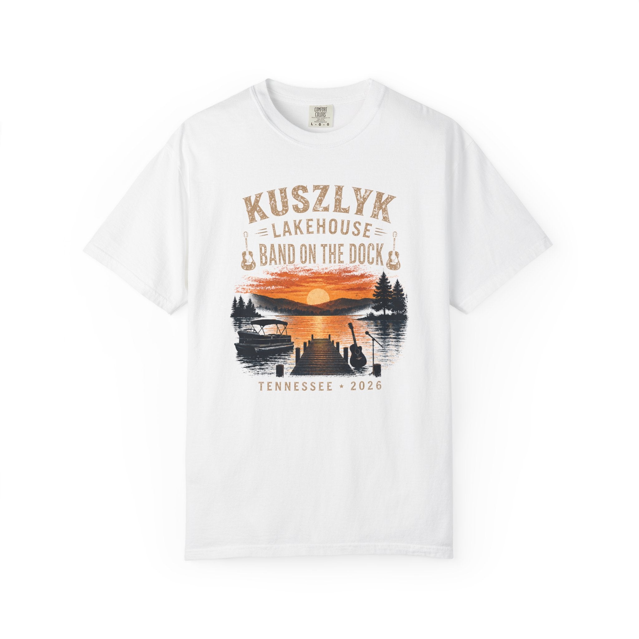 Lakehouse Dock T-Shirt — "Band on the Dock" Sunset Graphic Tee (Tennessee 2024)