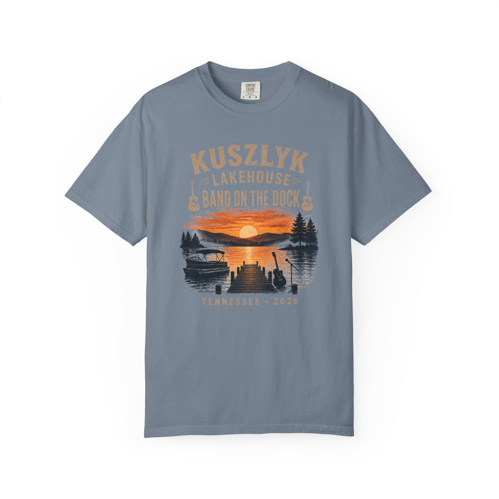 Lakehouse Dock T-Shirt — "Band on the Dock" Sunset Graphic Tee (Tennessee 2024)