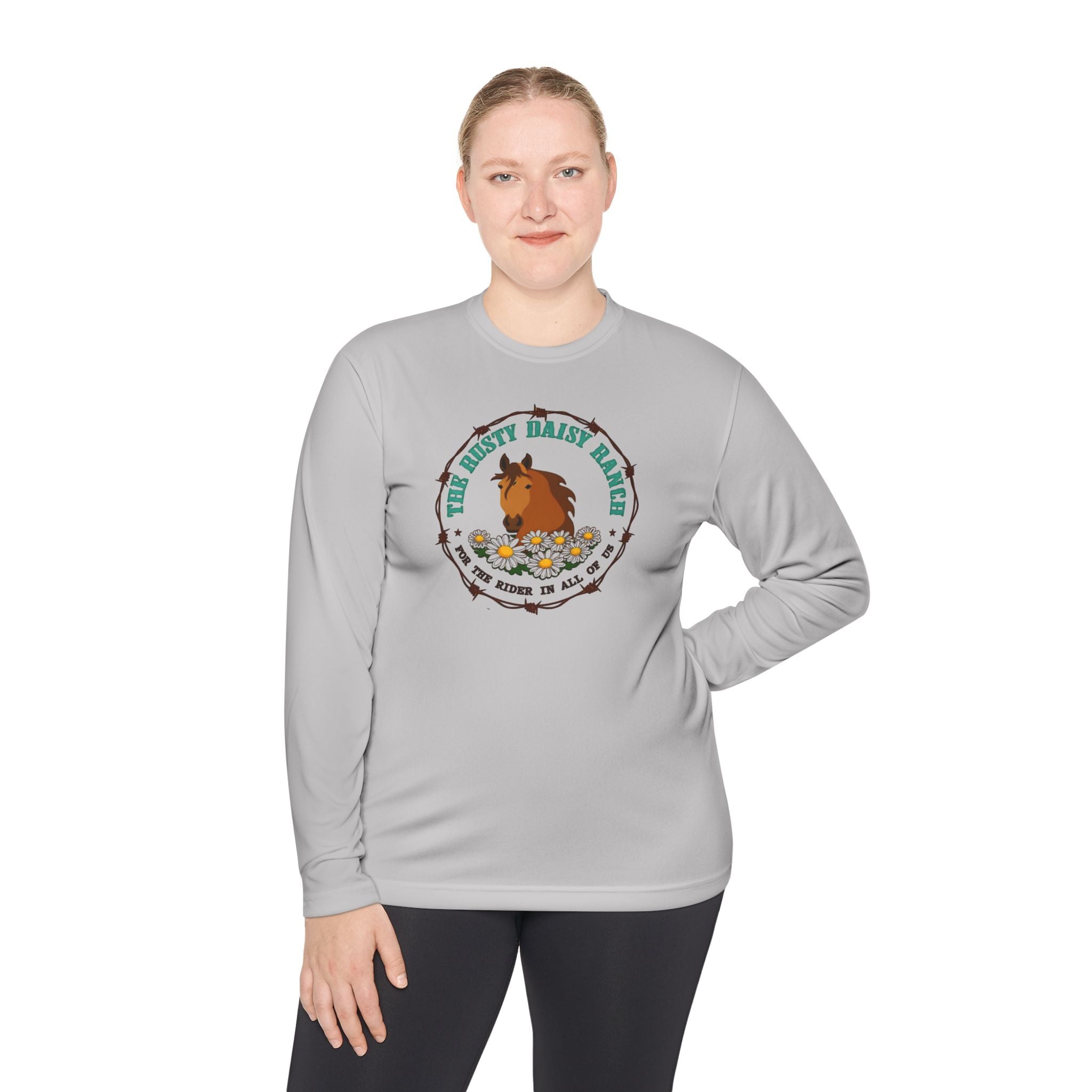 Long Sleeve Tee —Rusty Daisy Ranch logo front & "Follow me down the trail to" on back