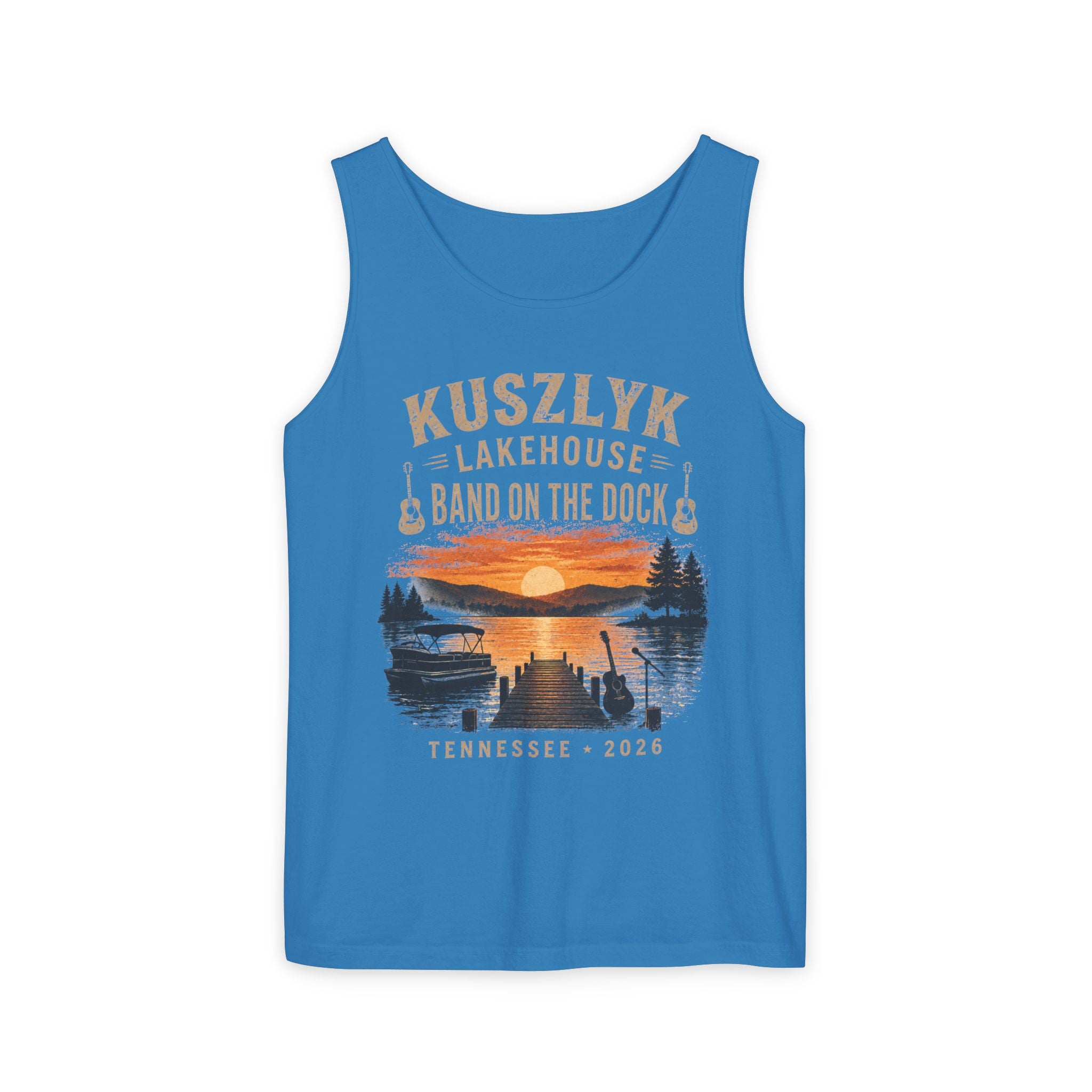 Lakehouse Tank Top — "Band on the Dock" Personalized Sunset Dock Tee