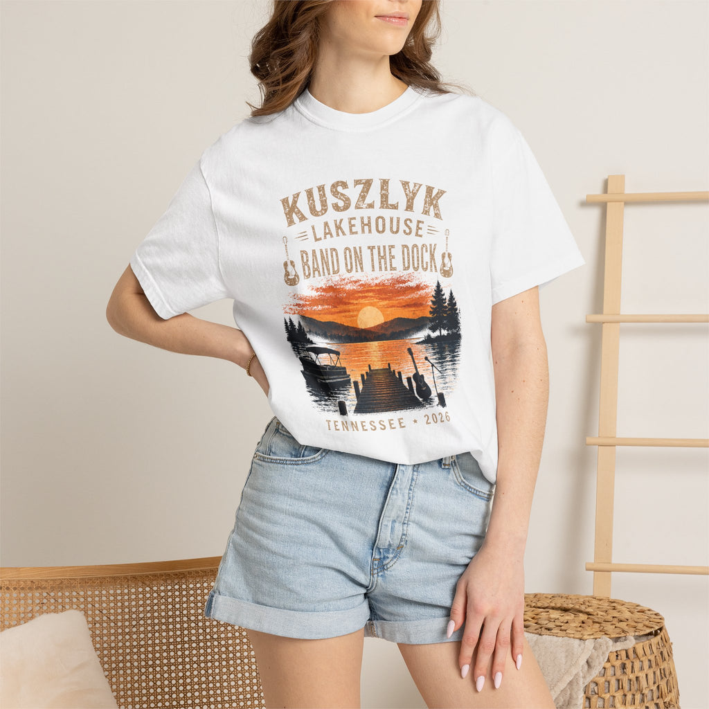 Lakehouse Dock T-Shirt — "Band on the Dock" Sunset Graphic Tee (Tennessee 2024)