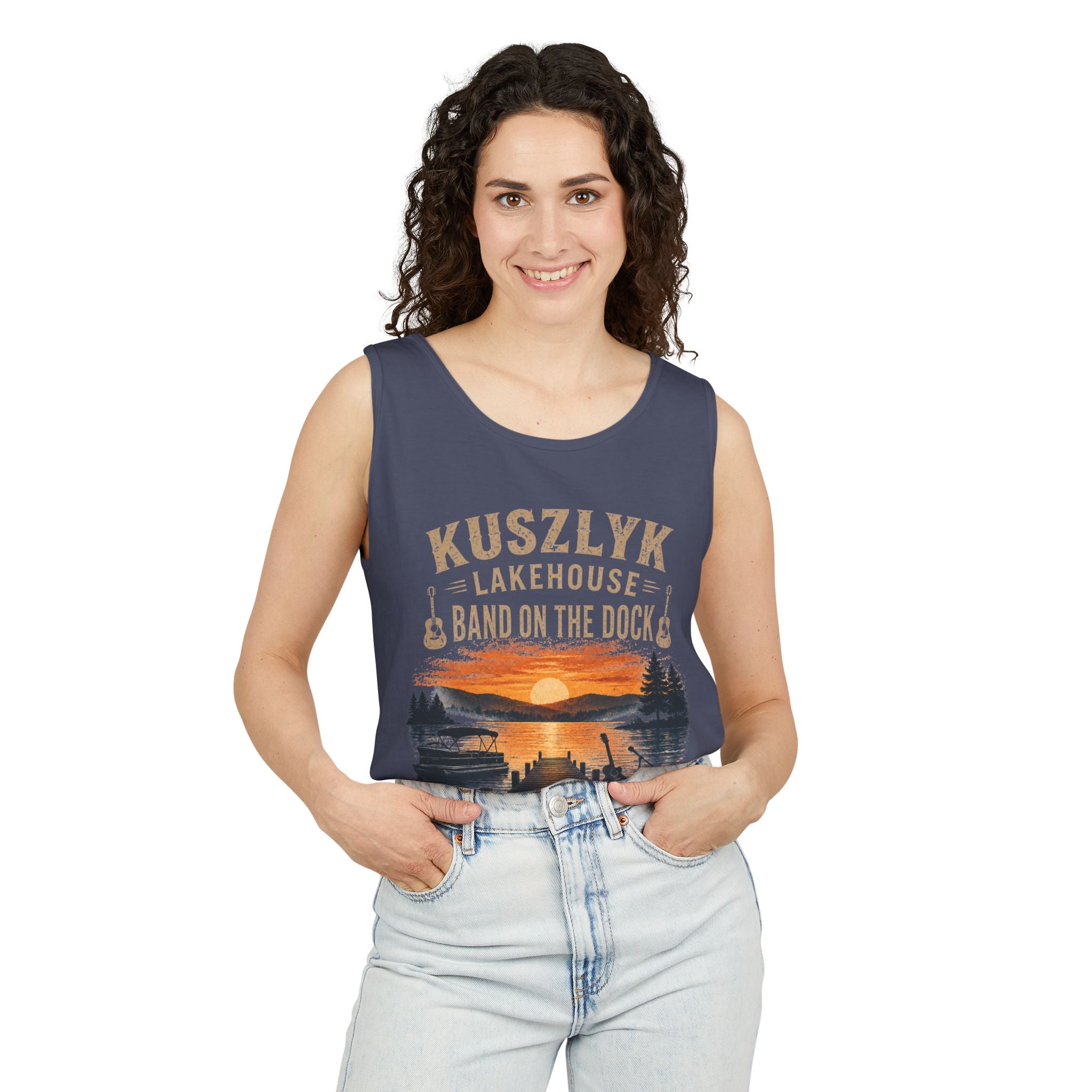 Lakehouse Tank Top — "Band on the Dock" Personalized Sunset Dock Tee