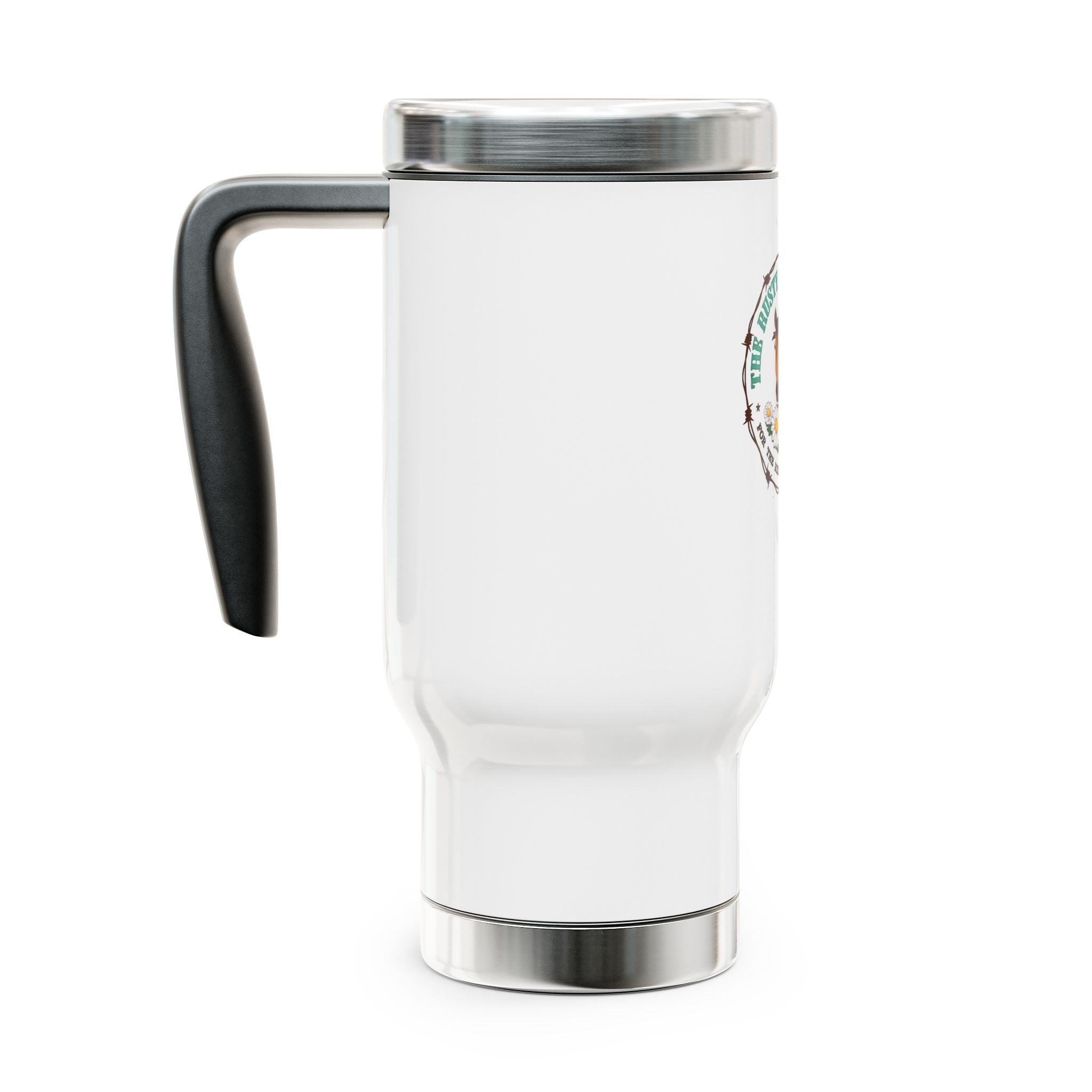 Stainless Steel Travel Mug with Handle – 14oz with double Rusty Daisy Ranch logo