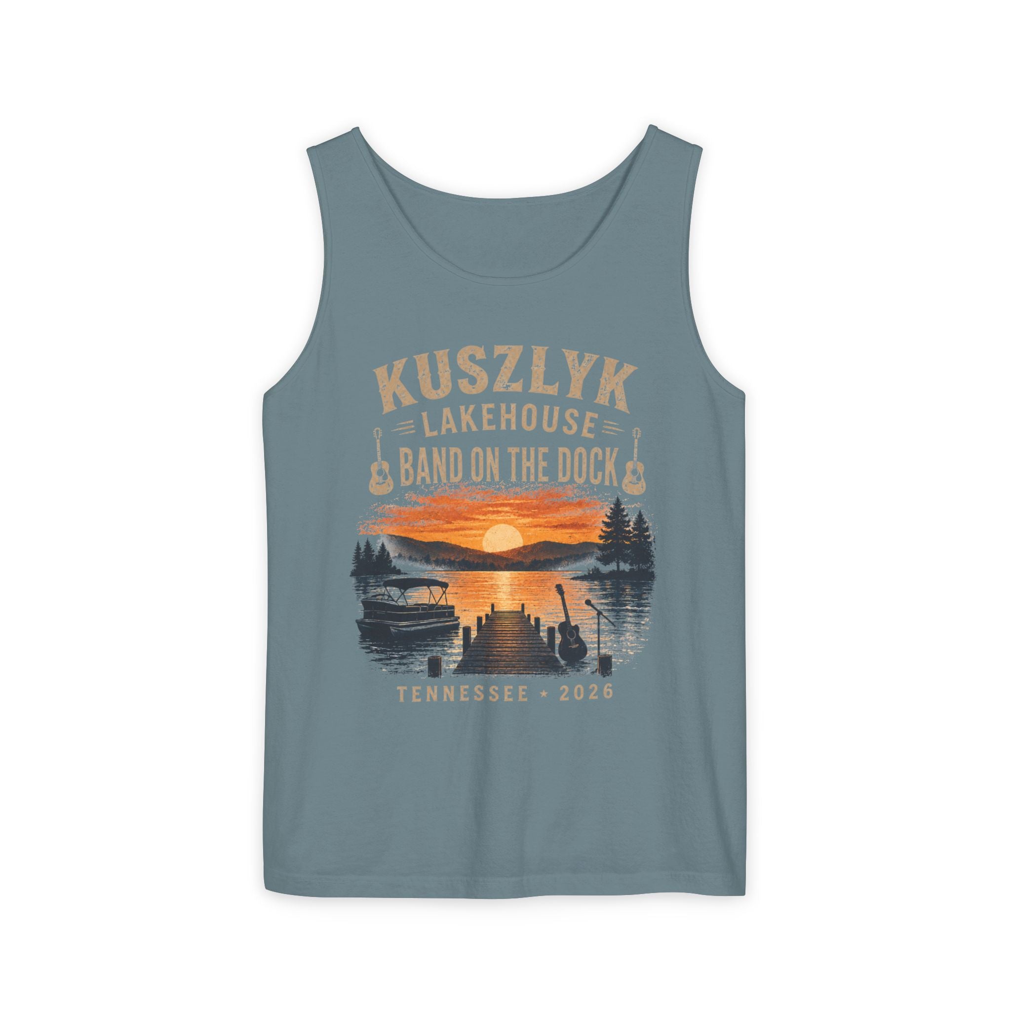Lakehouse Tank Top — "Band on the Dock" Personalized Sunset Dock Tee