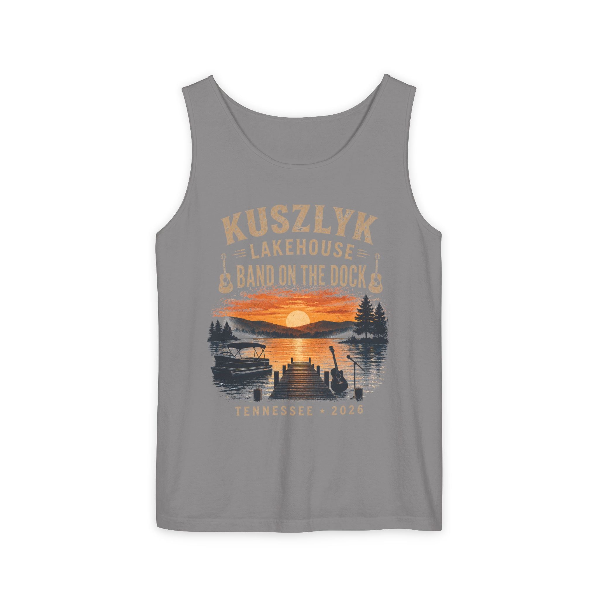 Lakehouse Tank Top — "Band on the Dock" Personalized Sunset Dock Tee