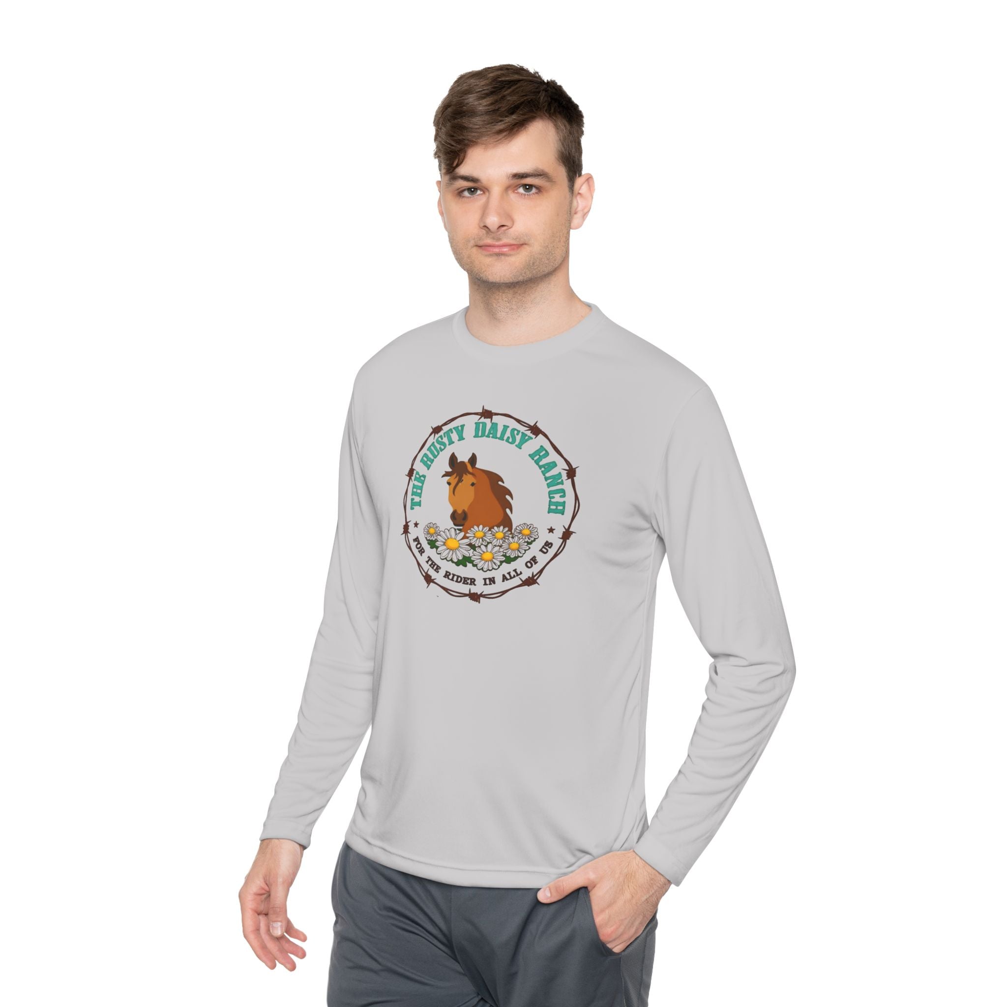 Long Sleeve Tee —Rusty Daisy Ranch logo front & "Follow me down the trail to" on back