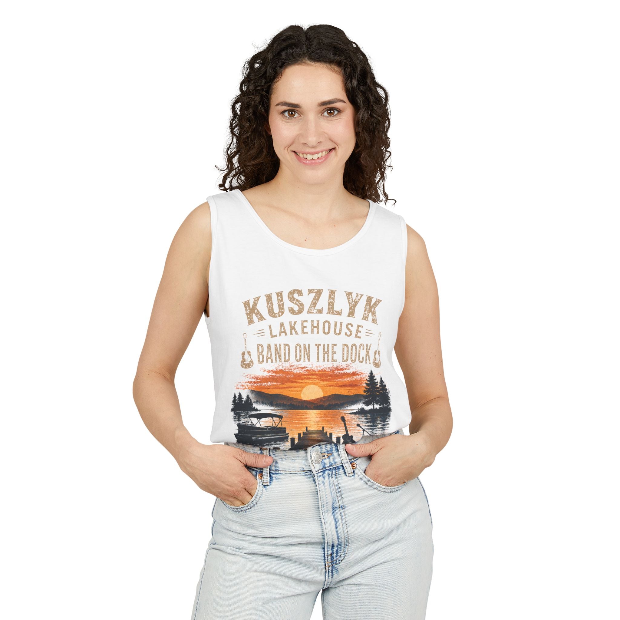 Lakehouse Tank Top — "Band on the Dock" Personalized Sunset Dock Tee