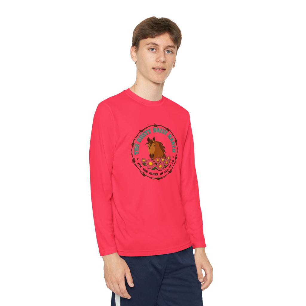 Youth Long Sleeve Tee — "The Rusty Daisy Ranch logo & "Follow Me Down the Trail to" on back